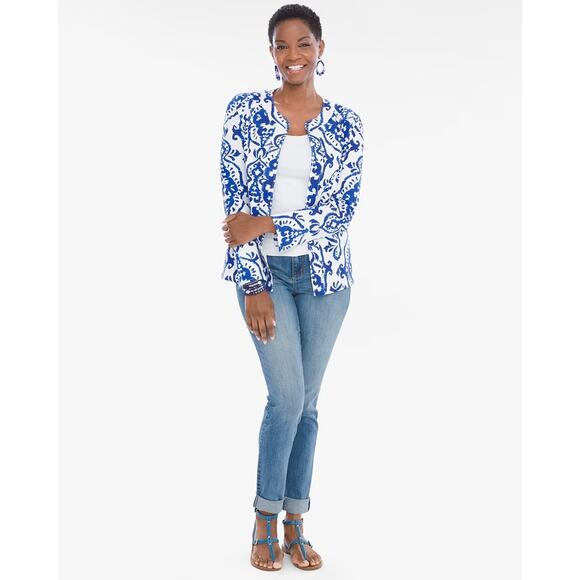 Chico's Indigo Ink Alicia Blue White Abstract Geometric Jacket Women's Size 0-Sm - Picture 1 of 9
